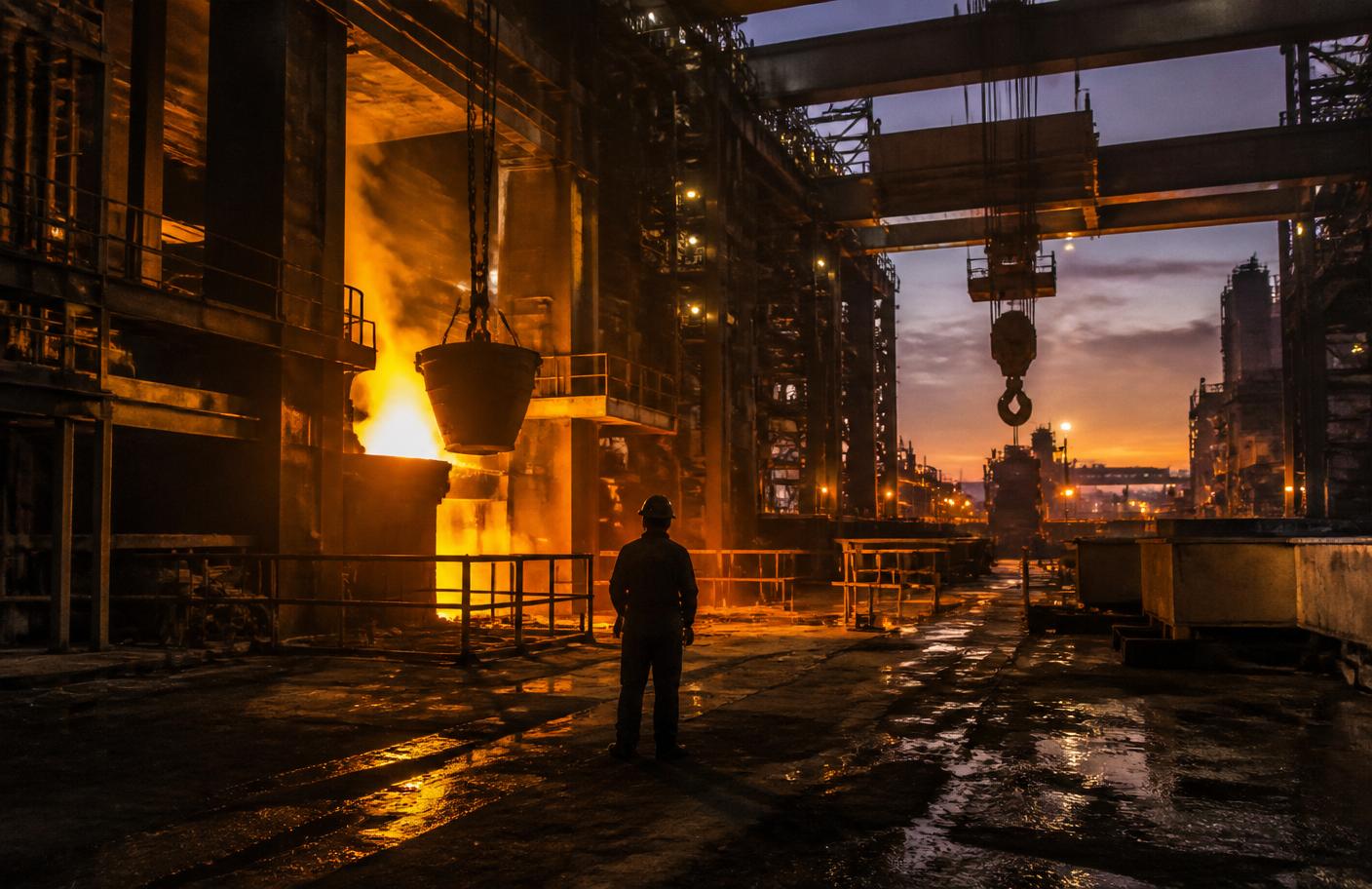 A worker silhouetted against molten metal inside a refining plant at dusk
