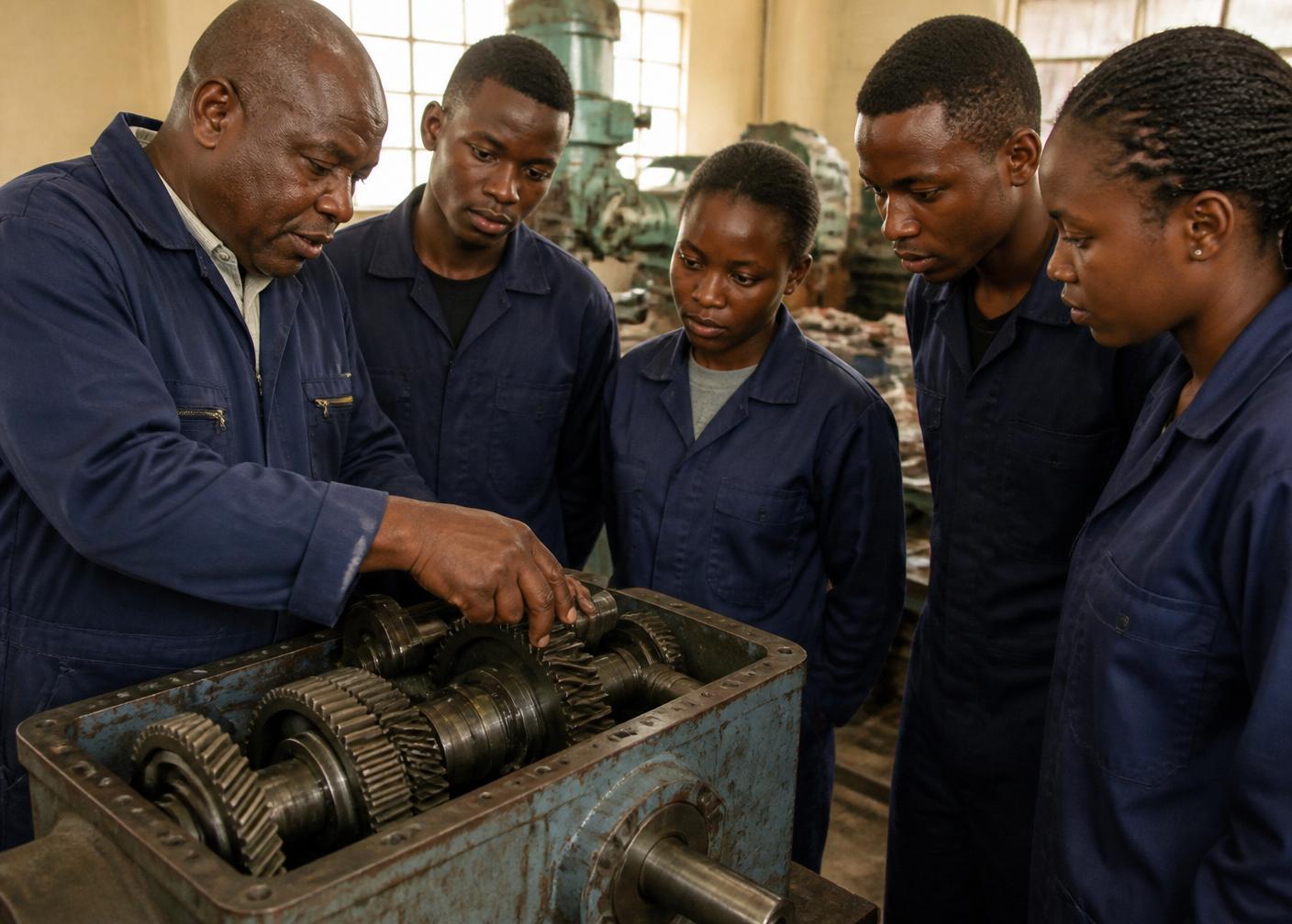 An instructor demonstrating a gearbox strip-down to learners in an engineering workshop